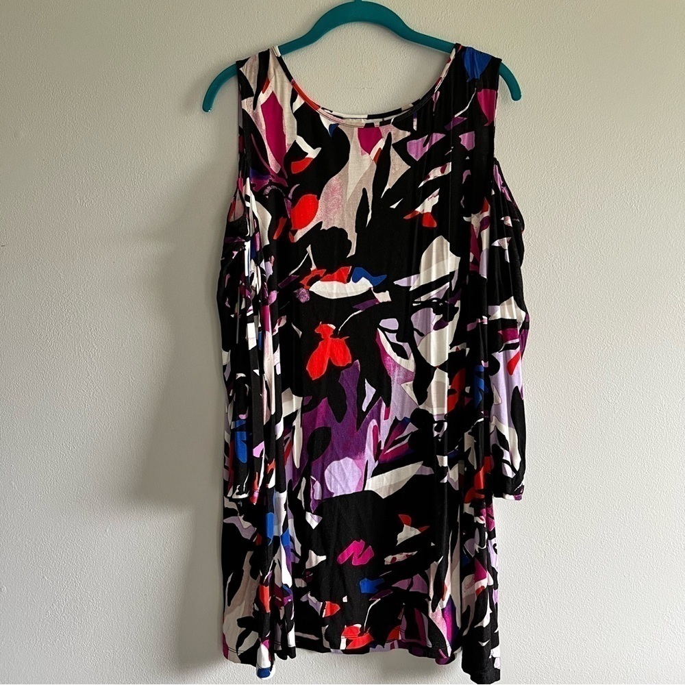 Dana Buchman Black Colorful Abstract Cold Shoulder 3/4 Sleeve Blouse XL